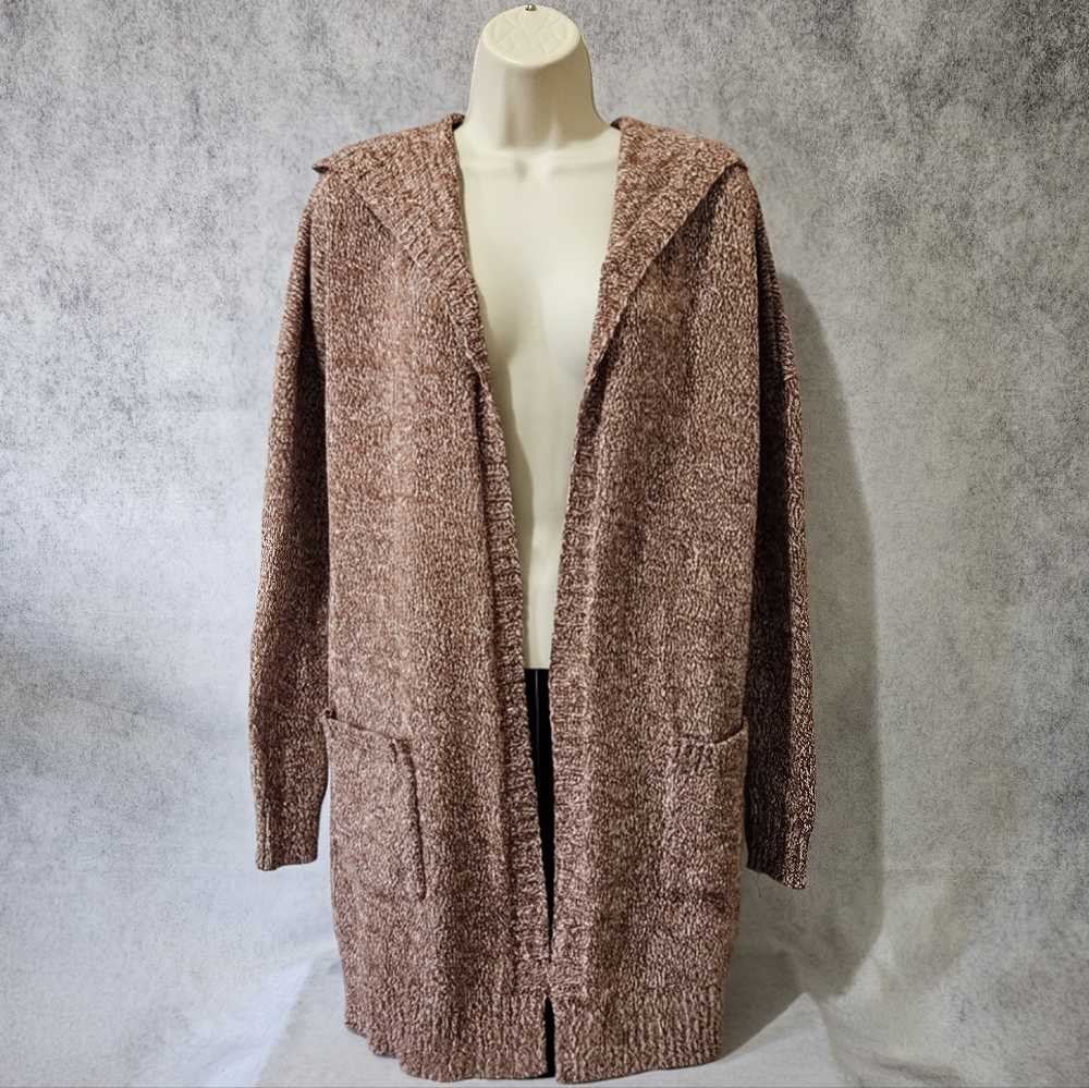 Tahari Hooded Open Front Marled Knit Sweater Cardigan with Pockets - Picture 2 of 11
